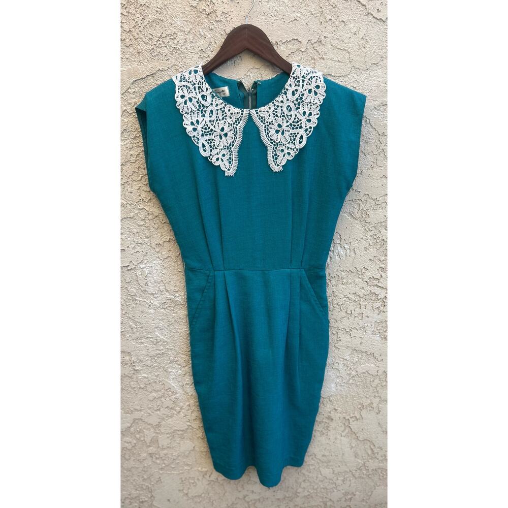 Vintage Peter Pan Lace Collar Teal Dress Size Small